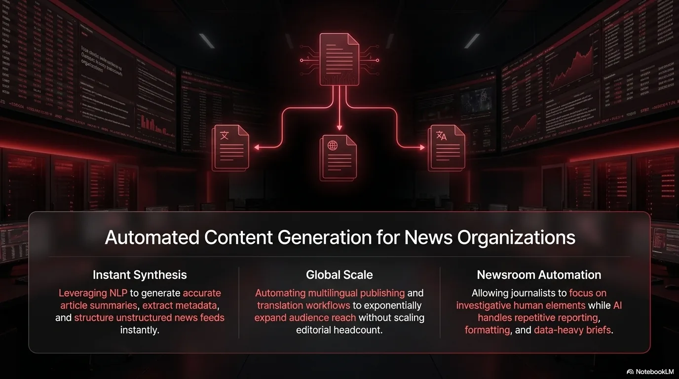 Automated AI content generation for news organizations — drafting, metadata, multilingual publishing
